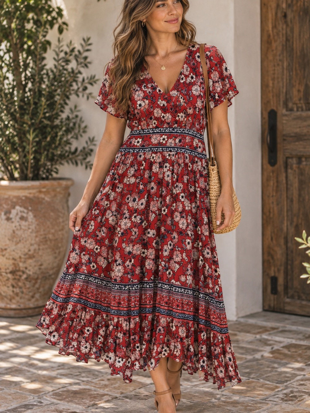 Knox Rose Red Floral V-Neck Tiered Maxi Dress with Printed Waistband
